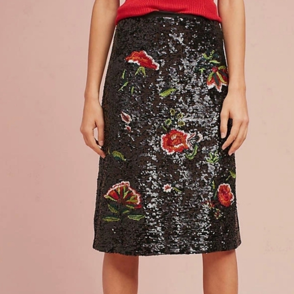 Maeve Anthropologie Garden Glitz Black Floral  Sequin Skirt Sz 12 Nwt